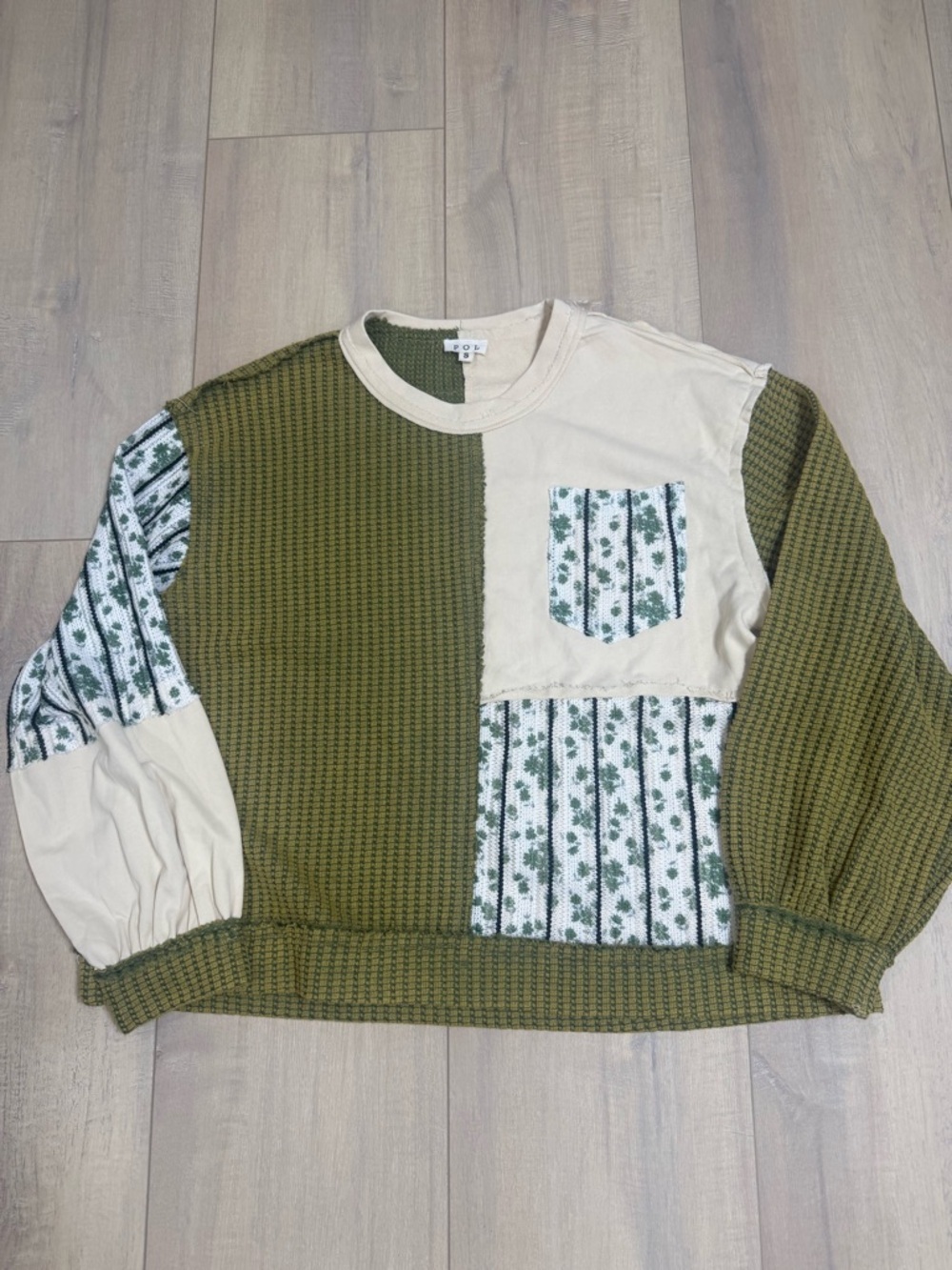 POL Olive and Cream Waffle Knit Patch Pullover